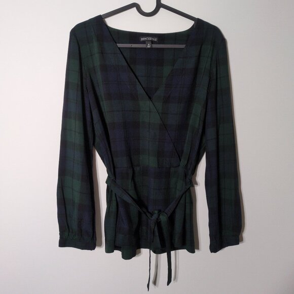 J. Crew Tops - J Crew Mercantile SMALL 4 Womens Blouse Faux Wrap Green Plaid Elastic Cuffs